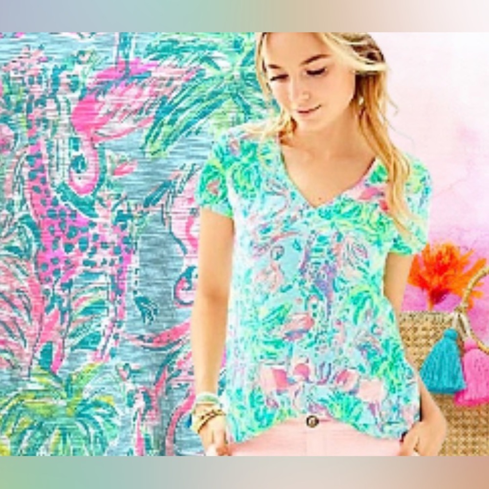 Lilly Pulitzer Women’s Small Etta V-Neck Short Sleeve Seasalt Blue On Parade Top - Picture 14 of 15